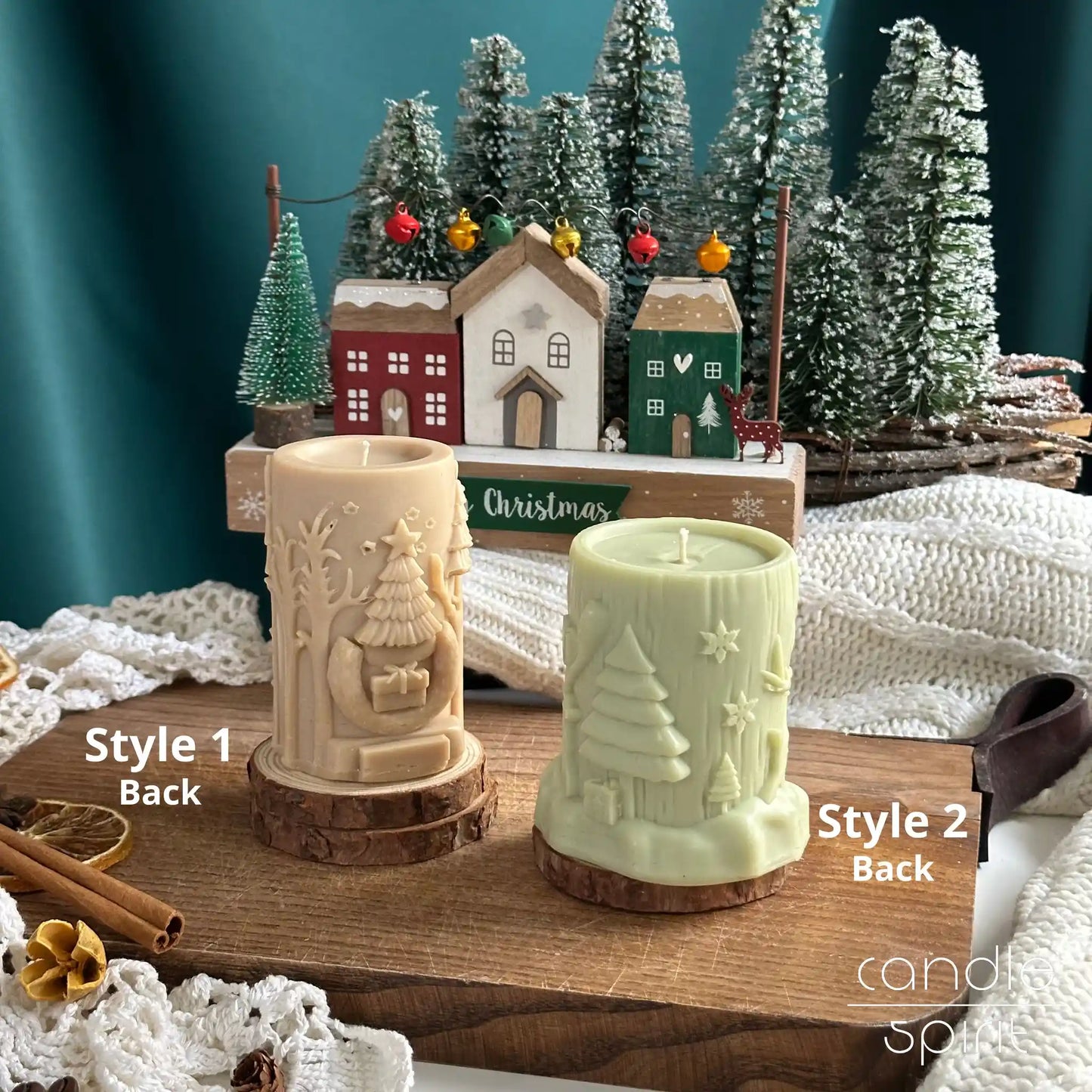 Two scented Christmas pillar candles with reindeer - winter baby shower decor, holiday presents, seasonal corporate gifts for employees and clients.