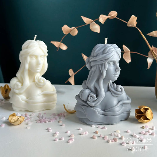 White and gray Renaissance woman candle -  elegant home decor and romantic goddess candle gift for her.