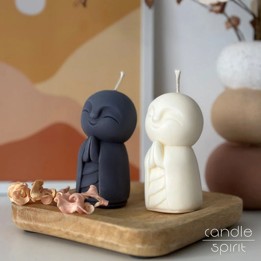 Two scented buddhist monk candles, one gray and one white - zen gift for yoga teachers and meditation lovers 