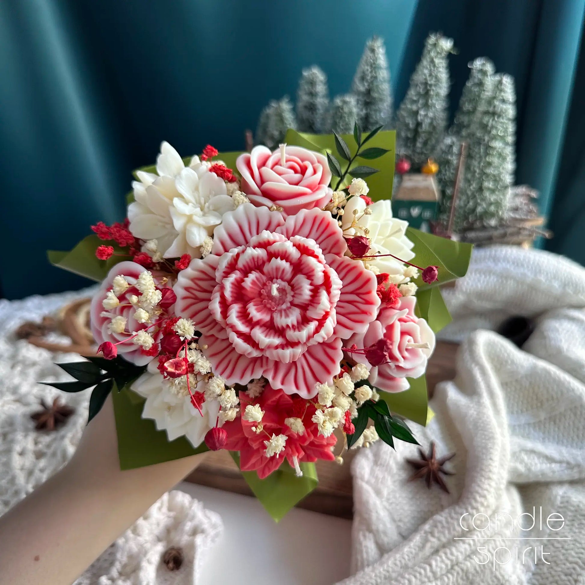 Scented Christmas candle bouquet of flowers in a white box - Christmas decor & winter wedding decor.