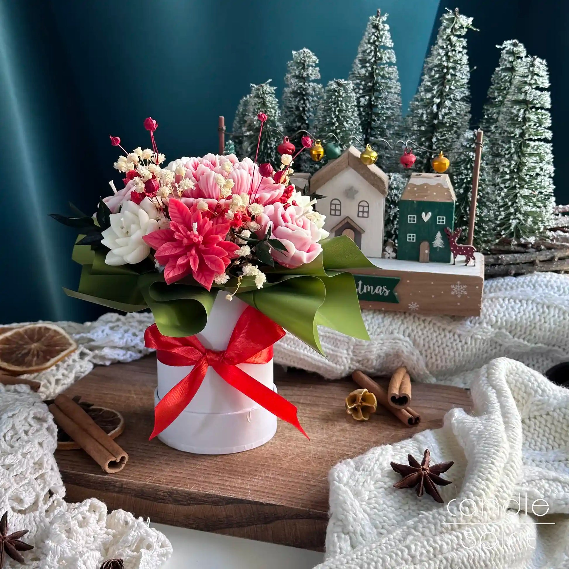 Scented Christmas candle bouquet of flowers in a white box with a red bow - Secret Santa present for mom, grandmother, sister, friends, holiday hostesses. Unique Mother's Day gift