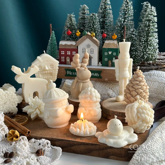 Scented Christmas candles set - cute snowman, vintage nutcracker, reindeer, elk, pinecone candles. Unique Christmas gifts, seasonal decor.