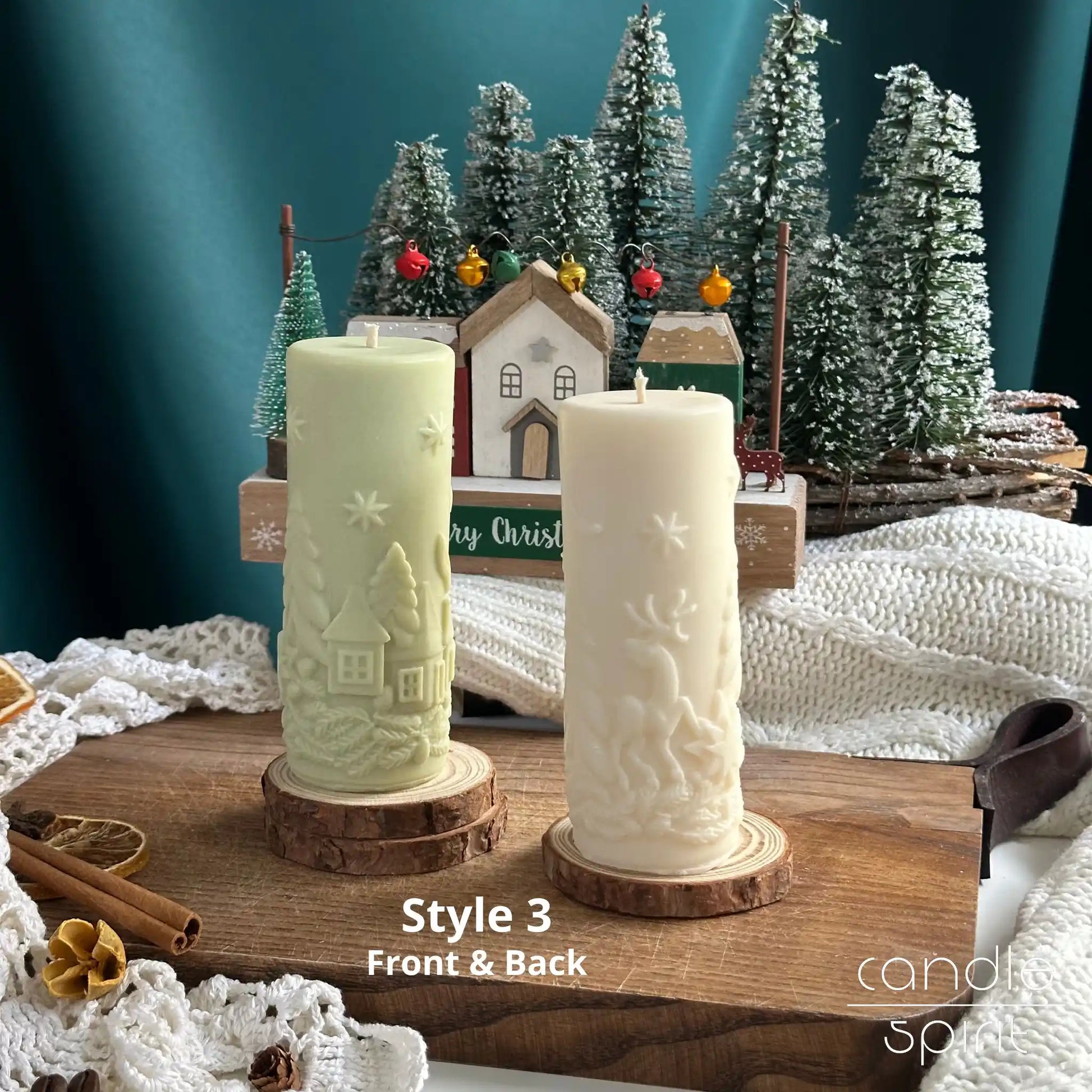 Two large Christmas pillar candles - scented winter gifts, unique holiday table, mantel, and office desk decor.