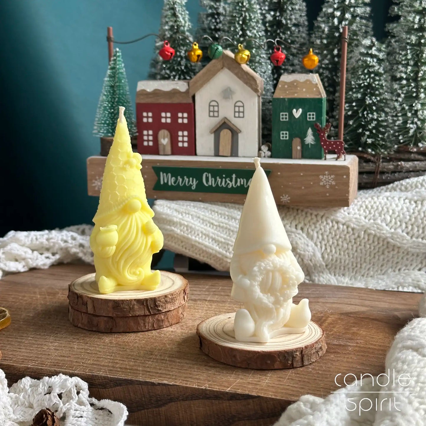 Two gnome candles with Christmas village decorations - scented Christmas presents, seasonal decor, small Secret Santa gifts for colleagues, neighbours, friends.