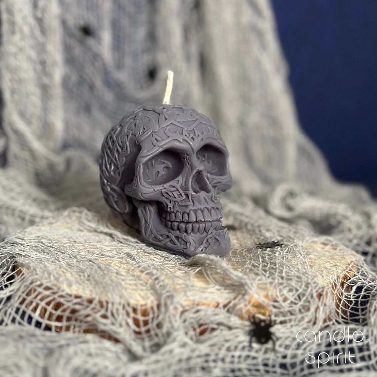 Scented gray celtic skull candle - Halloween home decor and personalised gift for doctors, bikers, and gothic lovers