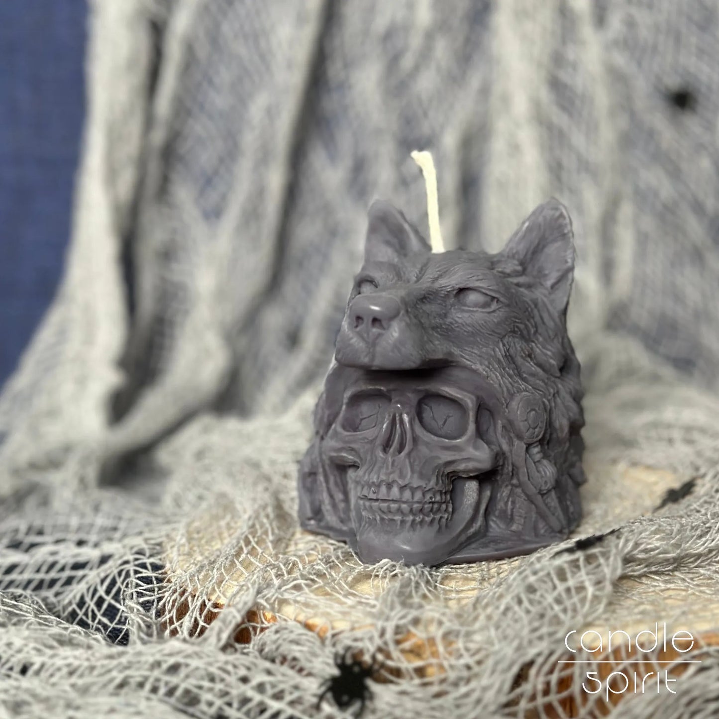 Scented skull candle with a wolf on Halloween decorations - gothic gift for her