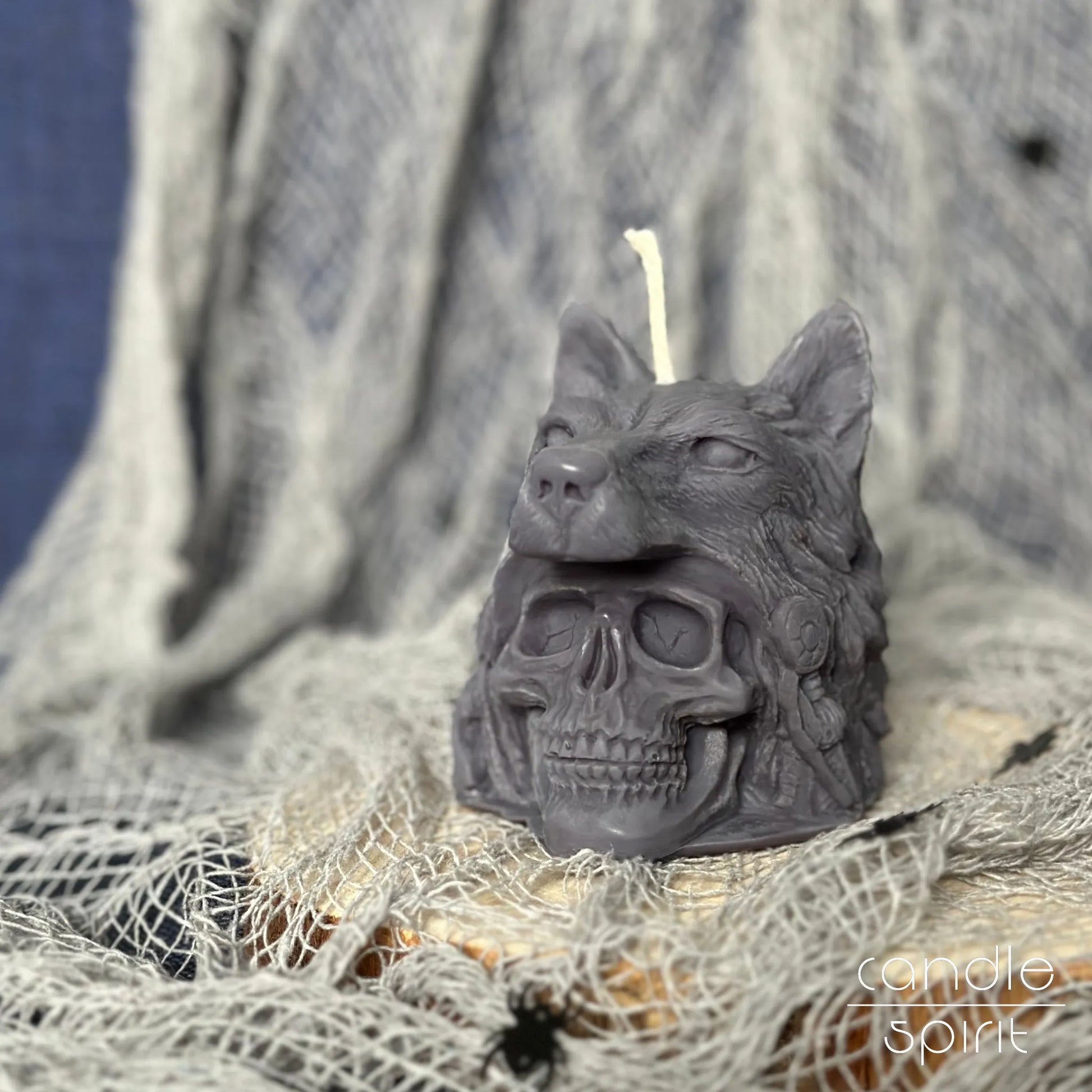 Scented skull candle with a wolf on Halloween decorations - gothic gift for her