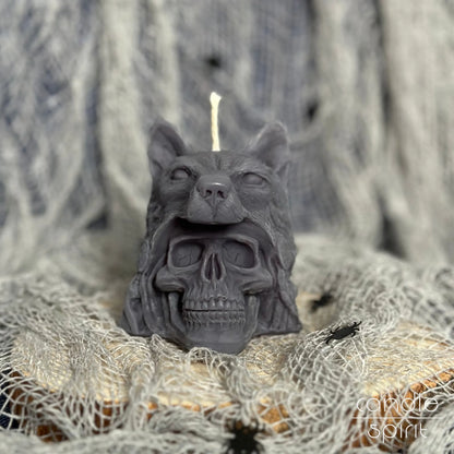 Scented gray human skull candle with a wolf head on gothic decorations - perfect Halloween gift for him