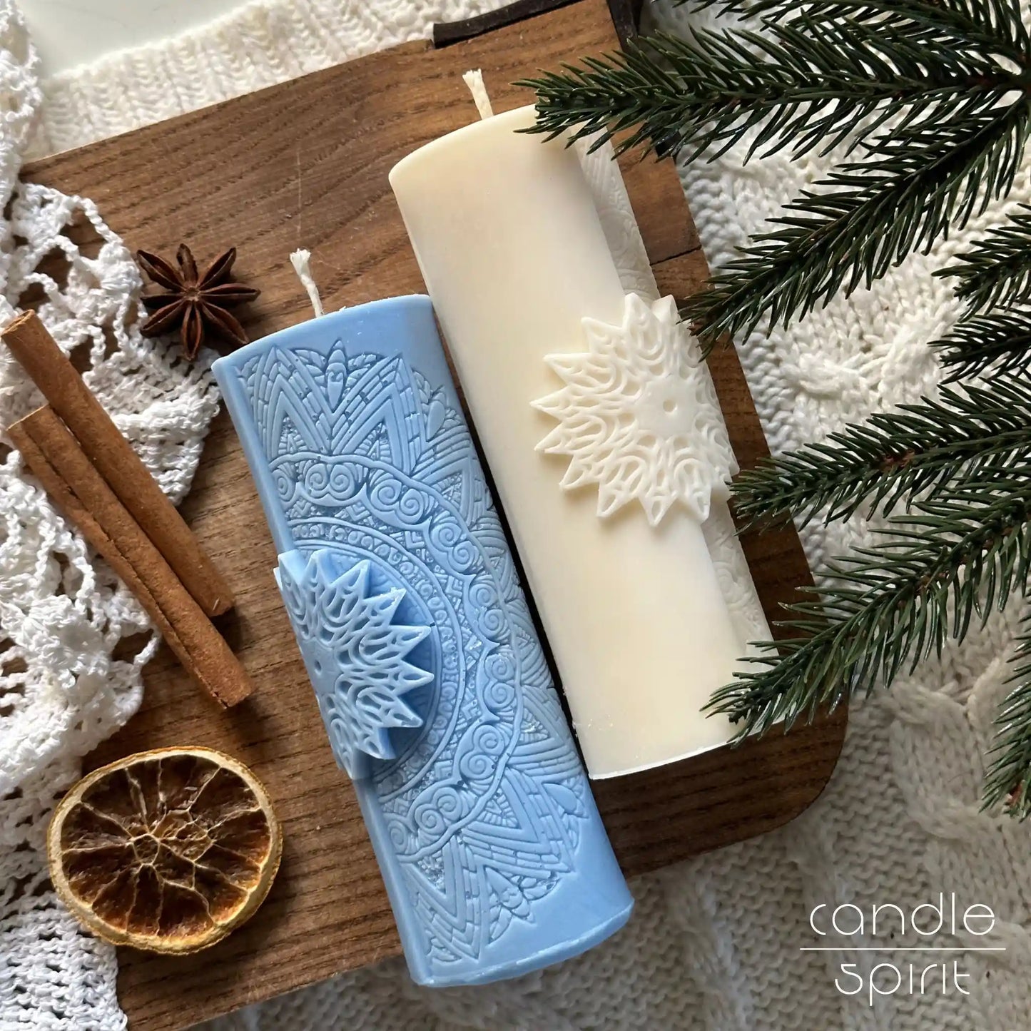 Two mandala candles, one blue and one white - unique wedding decor, Christmas gift and birthday present.