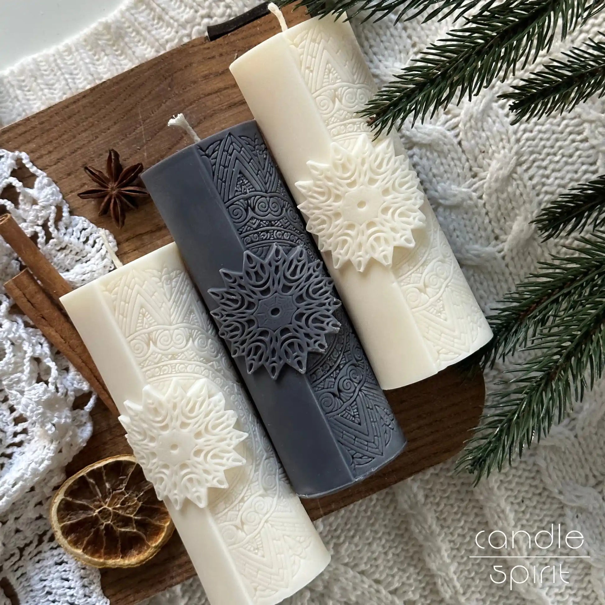 Three mandala candles, two white, one grey - spa, wellness centre, and yoga studio decor. Zen gift for friends, moms, yoga teachers. 
