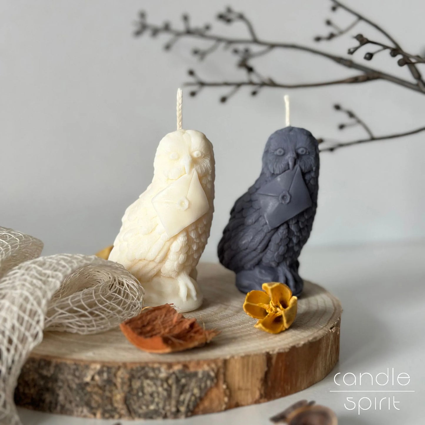 Two owl candles, one white, one gray - cozy fall decor and unique birthday, Halloween, or Christmas gift 