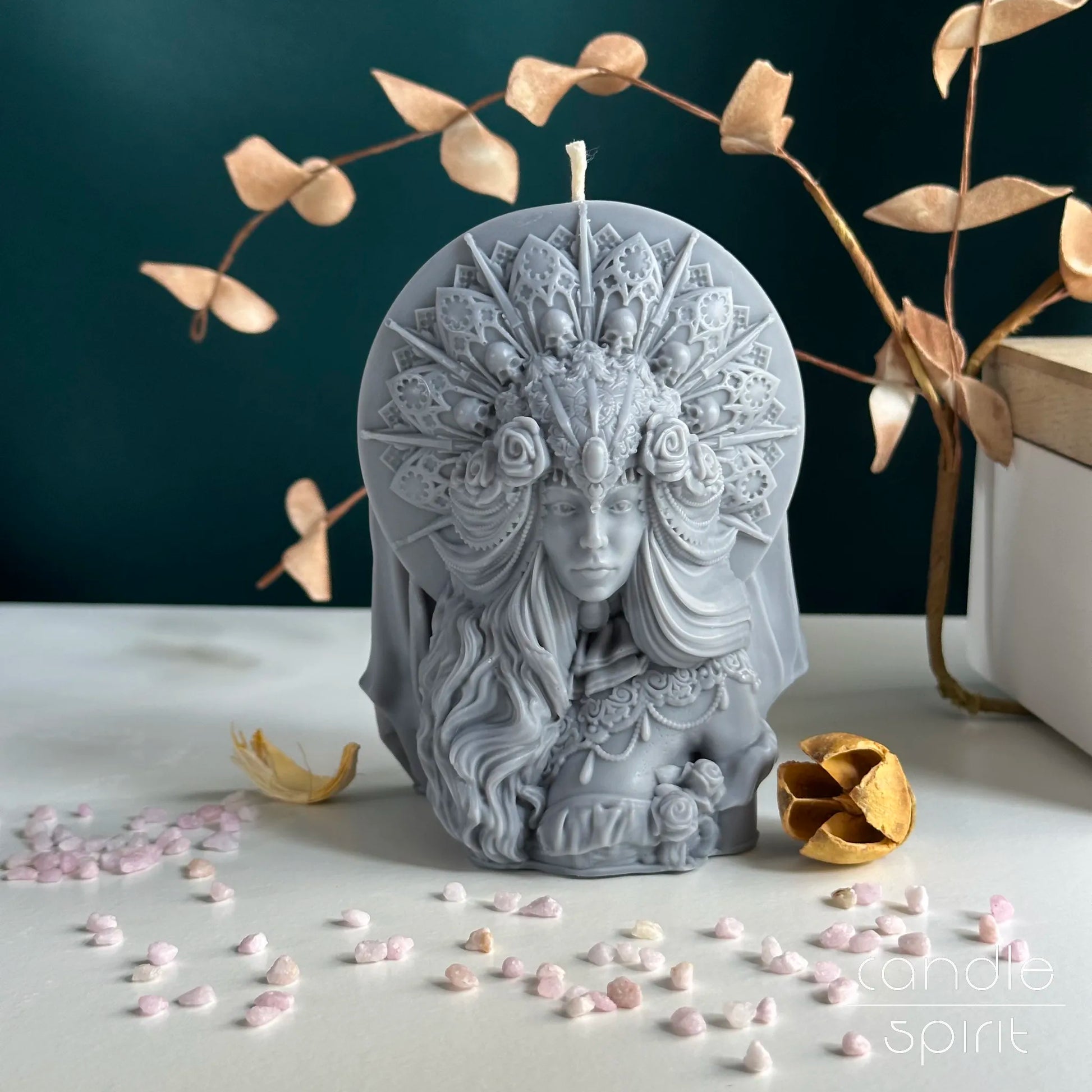 Scented gray decorative Queen of the Night candle with gothic skulls and bones design - Halloween gift, alternative home decor, dark academia decor