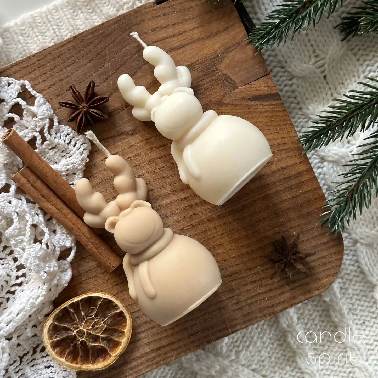 Two reindeer candles, one white, one brown - scented Christmas candle, seasonal decor, and Christmas gift for friends, coworkers, holiday hosts & hostess.