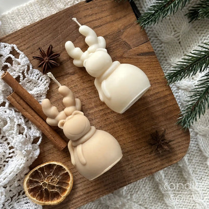 Two reindeer candles, one white, one brown - scented Christmas candle, seasonal decor, and Christmas gift for friends, coworkers, holiday hosts & hostess.