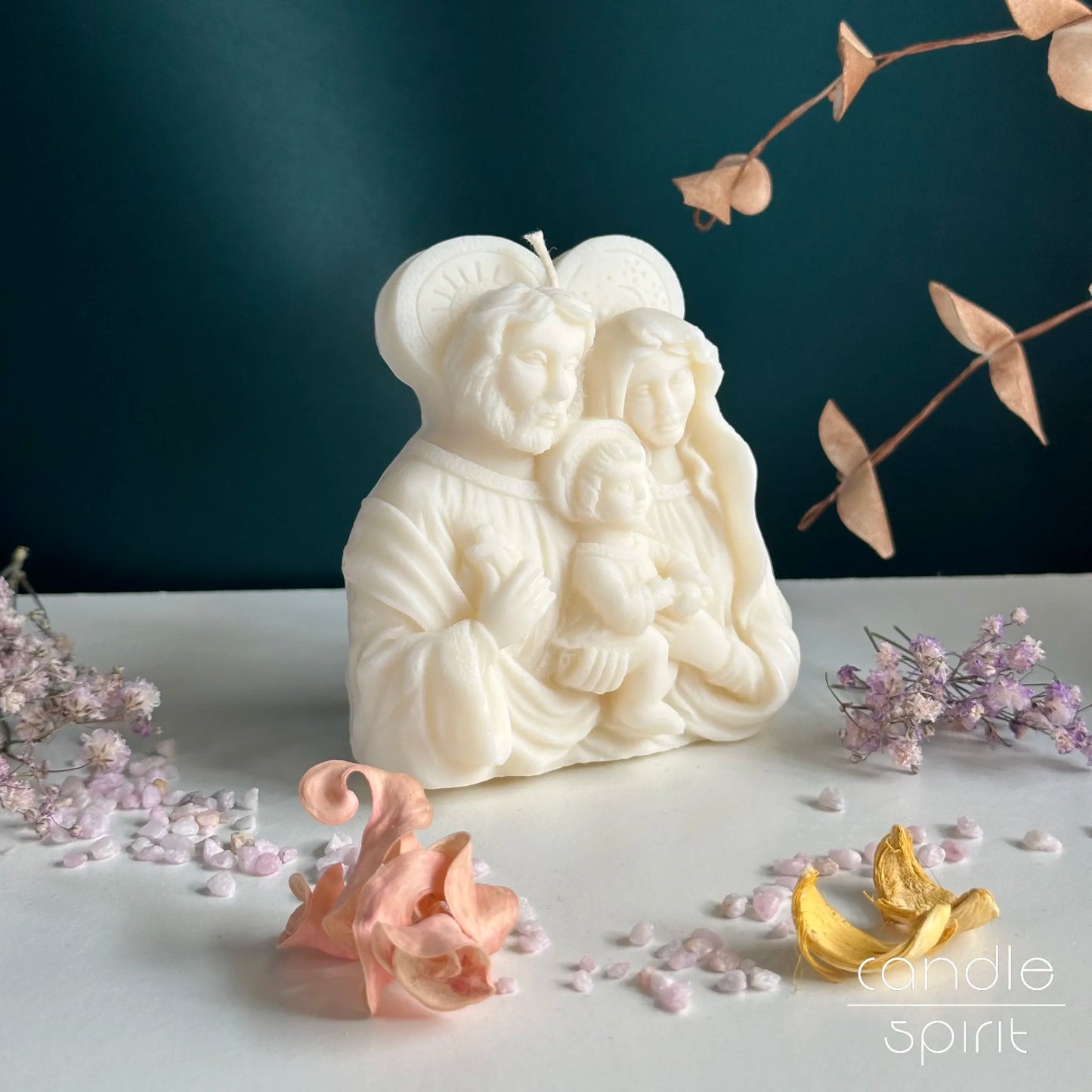 Scented white icon candle of Jesus, Mary, and Joseph - gift for Catholic families, new parents, godmothers, godfathers, mothers, grandmothers.