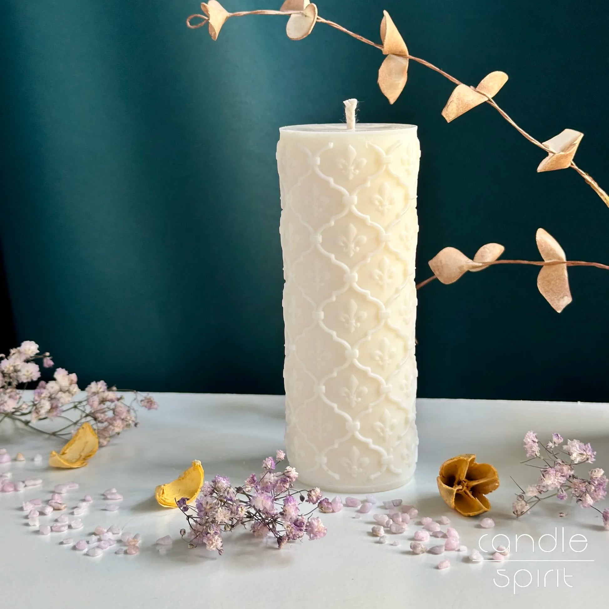 White scented pillar candle - unity wedding candle, housewarming present for couples, and unique anniversary gift for newlyweds.