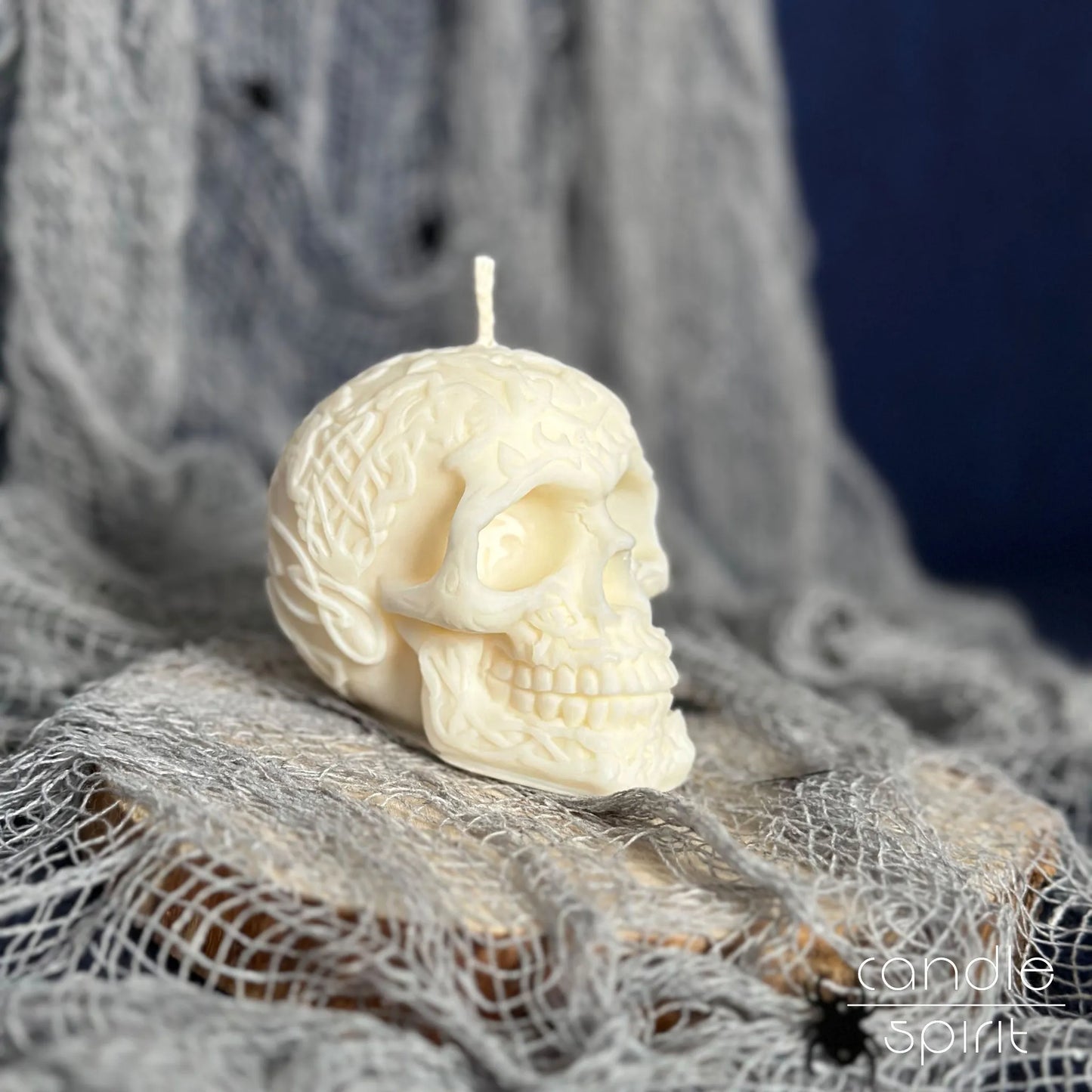 Scented white celtic skull soy candle on a Halloween decorations - alternative home decor and unique gift for doctors
