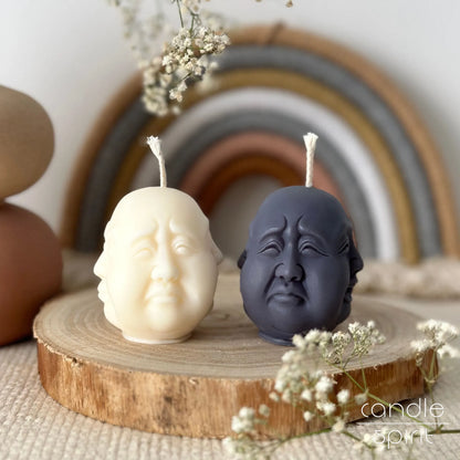 White and gray Hotei Laughing Buddha candles - feng shui gift for housewarmings and birthdays.