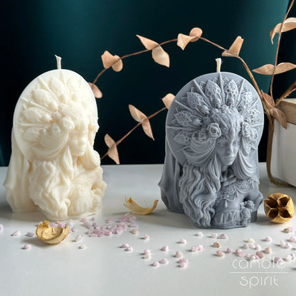 Two scented sculptural gothic woman candles, one gray, one white - birthday gift for a friend and unique holiday home decor for witchy souls