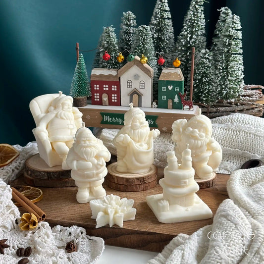 Collection of white scented Santa Claus candles - classic Christmas decor, seasonal gift for coworkers, holiday gifts for moms, dads, kids, friends & holiday hosts.