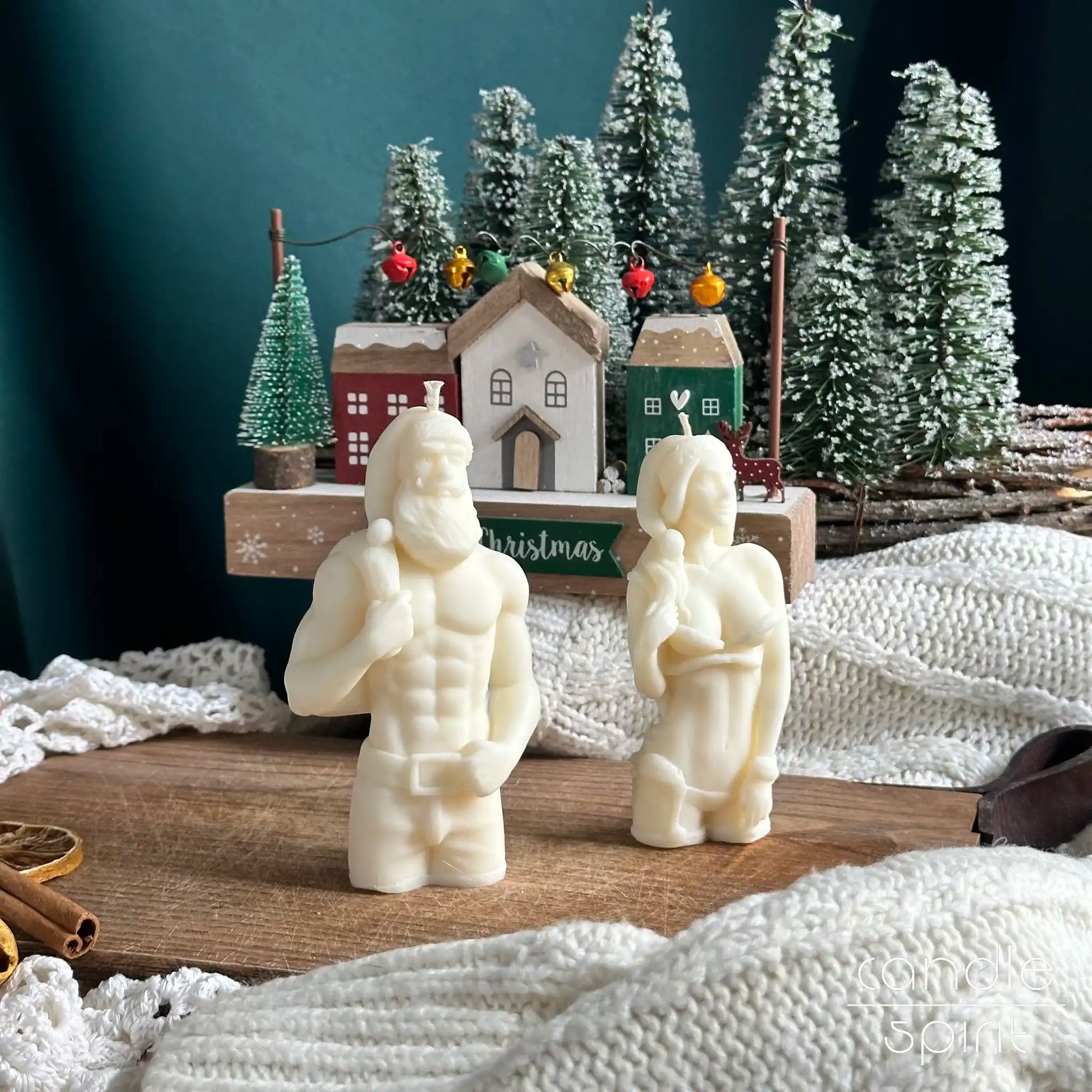 Muscular sexy Santa and lady Santa candles - funny Christmas gift for a boss, personal trainer, dad, brother, boyfriend, friend. Seasonal decor for a gym, wellness center, spa, office. 