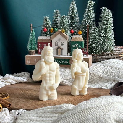 Muscular sexy Santa and lady Santa candles - funny Christmas gift for a boss, personal trainer, dad, brother, boyfriend, friend. Seasonal decor for a gym, wellness center, spa, office. 