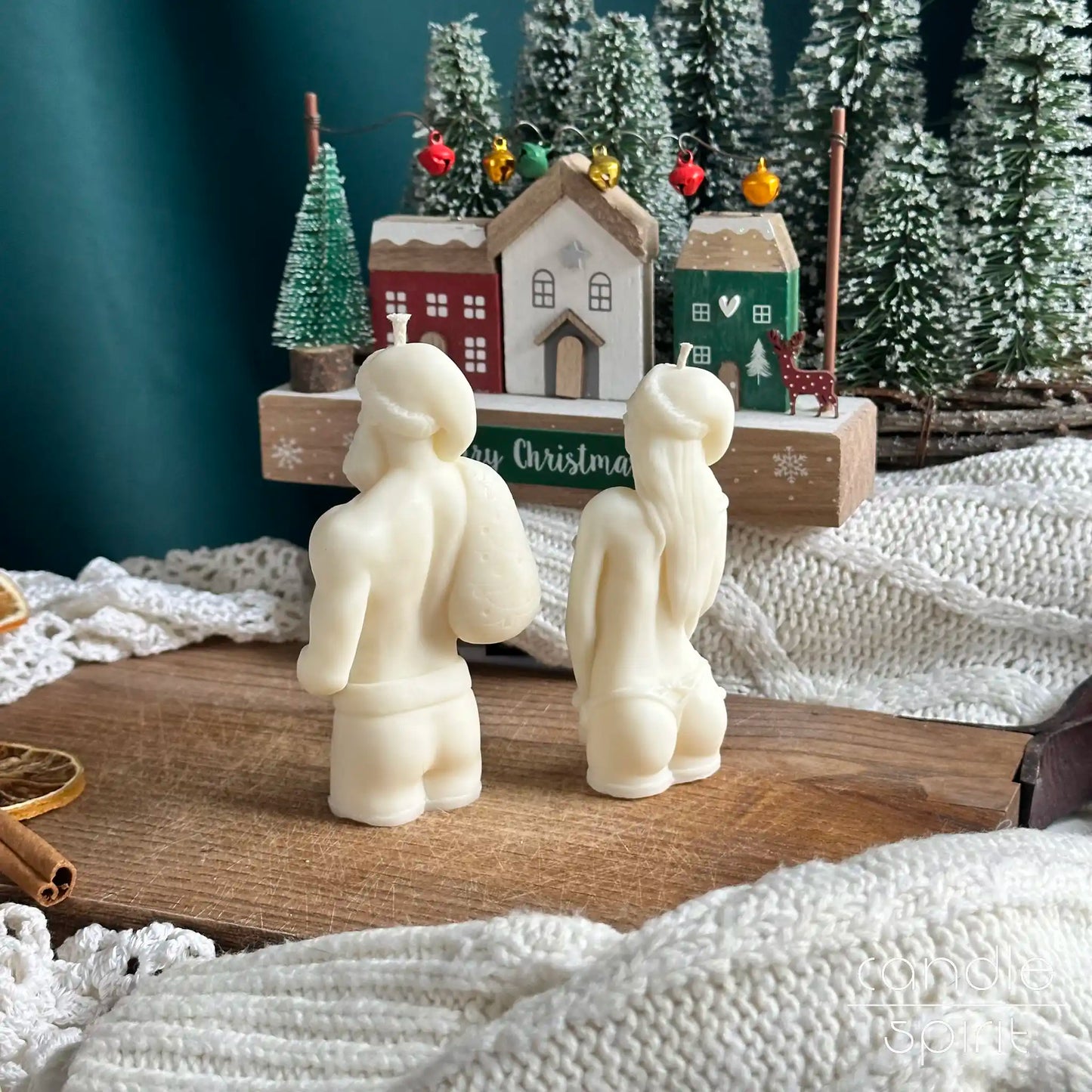 Muscular sexy Santa and lady Santa candles - seasonal decor, romantic Valentine's Day gift for a partner, wife, husband, girlfriend, boyfriend.