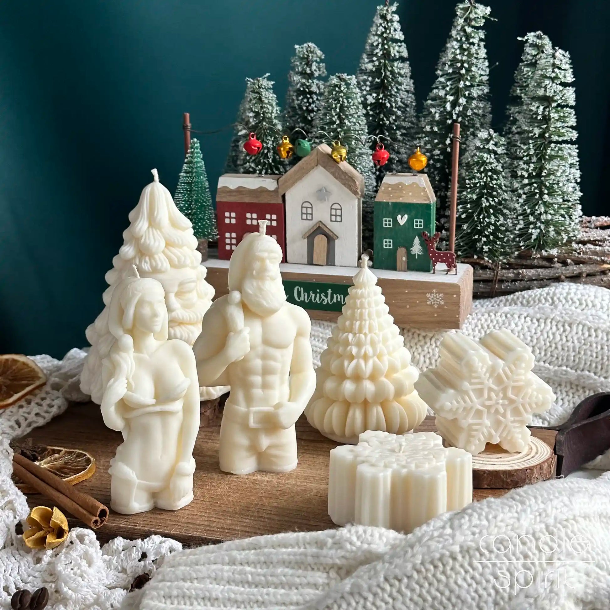Collection of Christmas candles - Christmas trees, sexy Santa Claus, sexy lady, and snowflake. Christmas gifts, seasonal decor, winter birthday presents.
