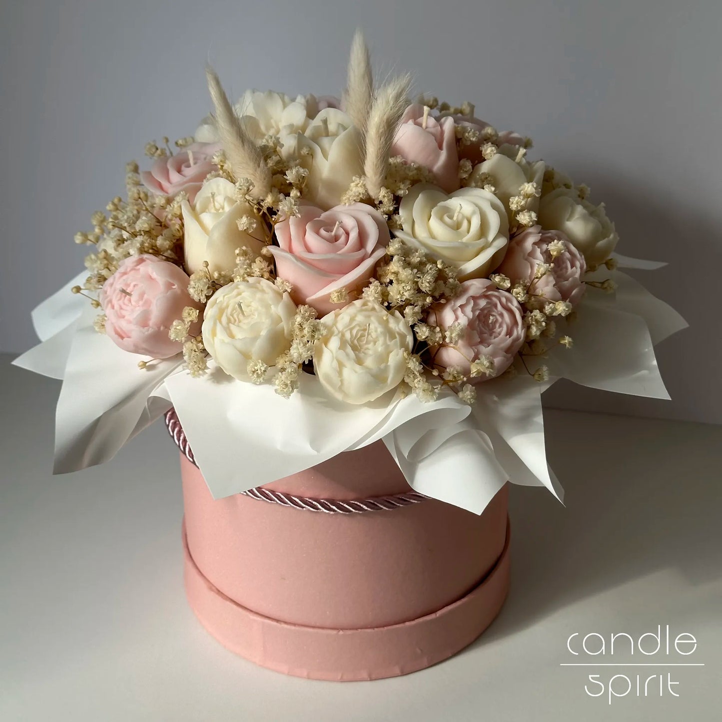 Large soft pink floral arrangement of candles - pastel girly baby shower decor, pregnancy announcement gift, gender reveal party decor. 