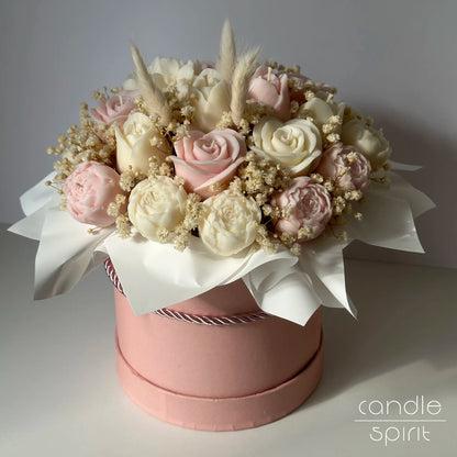 Large soft pink floral arrangement of candles - pastel girly baby shower decor, pregnancy announcement gift, gender reveal party decor. 