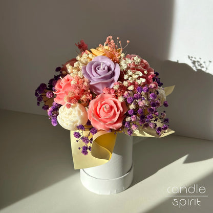 Colourful spring flower bouquet of candles with baby's breath - summer birthday gift for best friend, mom, grandmother. Easter home decor