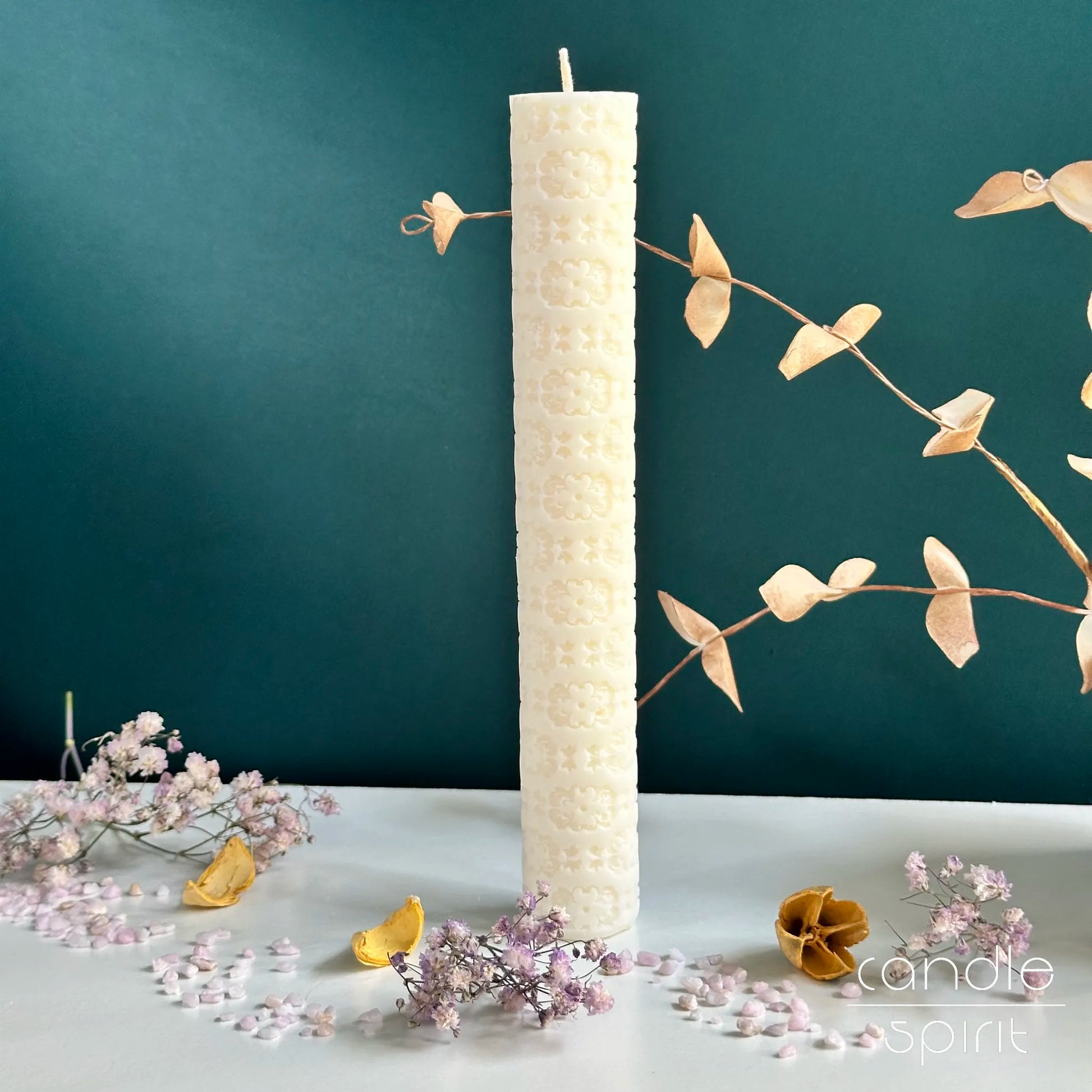 Tall textured taper candle - elegant Valentine's Day gifts for newlyweds, couples, mothers, sisters, friends, holiday hosts, hostesses.