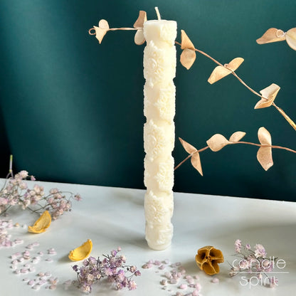 Tall textured taper candle with snowflakes - seasonal decor, Christmas gift, and winter wedding decor