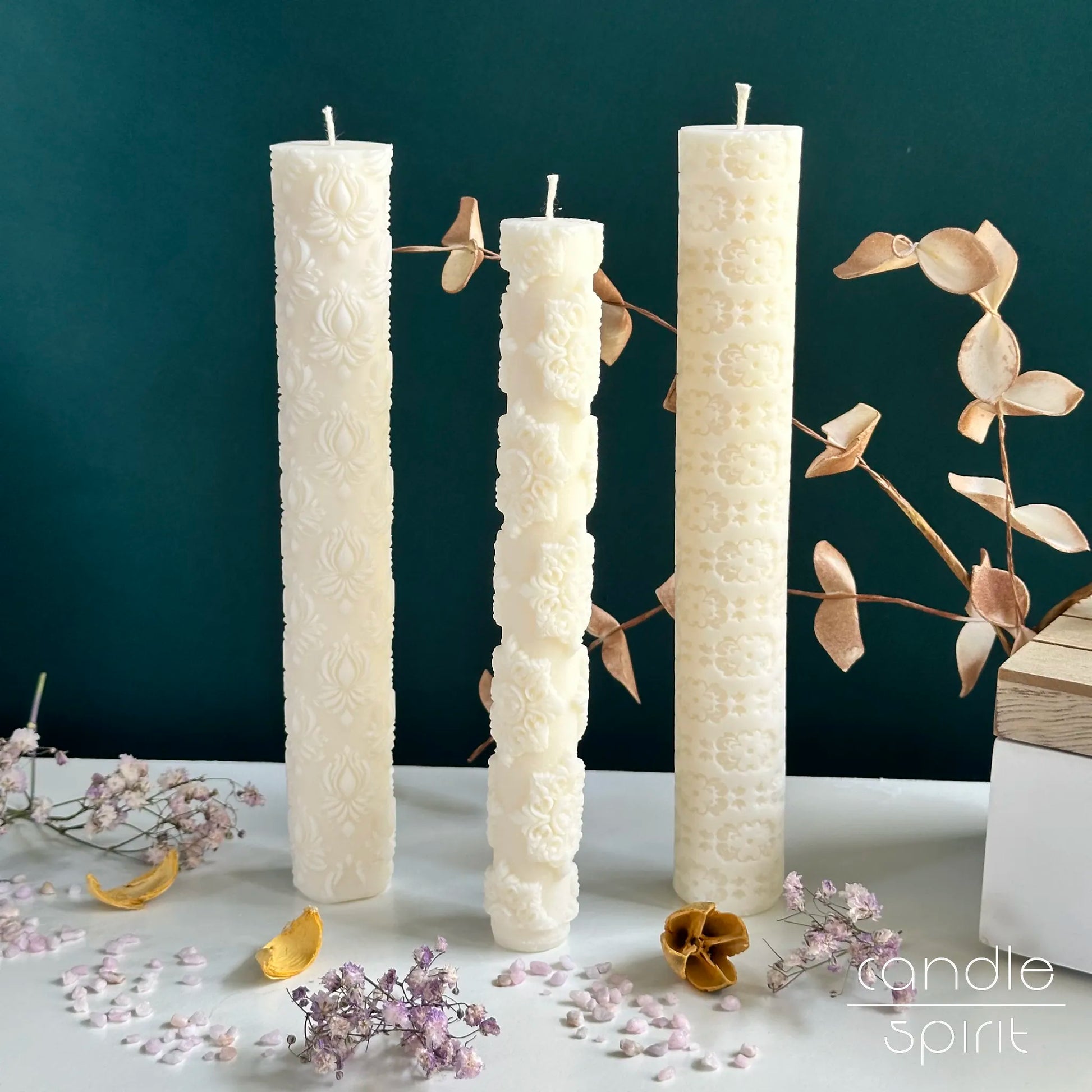 Three white taper candles - ideal for spring wedding decor, unity ceremonies, romantic evenings, Valentine's Day.