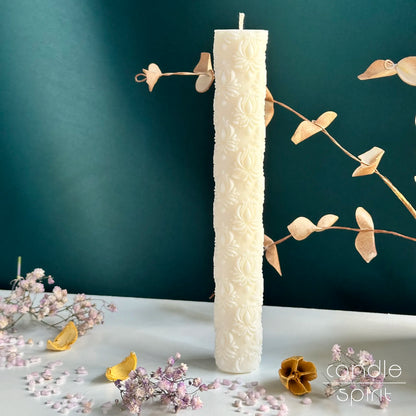 Tall textured white taper wedding candle - perfect living room and dining room decor, unity candle.