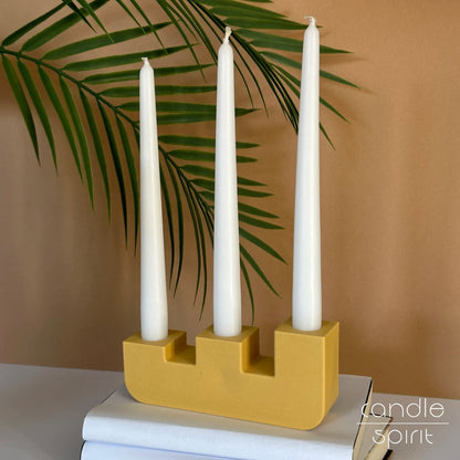 Yellow triple candlestick holder for three taper candles - seasonal home decor. Christmas gift for moms, holiday hosts.
