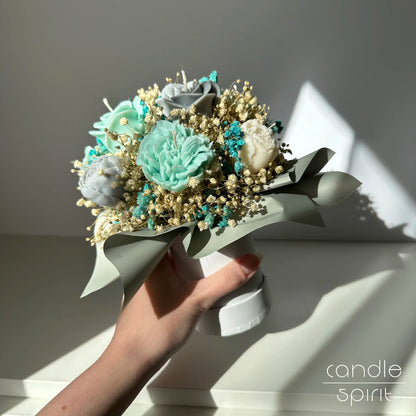 Turquoise, white, and grey flower bouquet of candles - housewarming gift, Teacher Appreciation Day present.