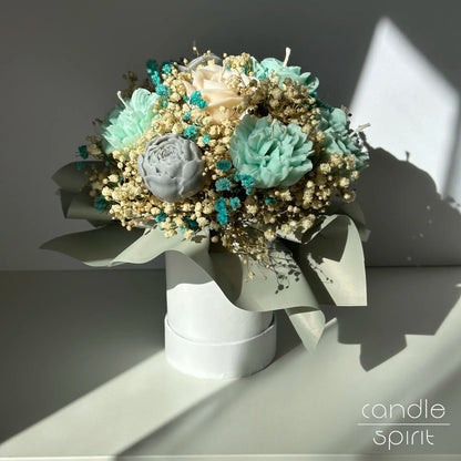 Turquoise, white, and gray flower bouquet of candles - luxury home decor and unique Valentine's Day and Mother's Day gift.