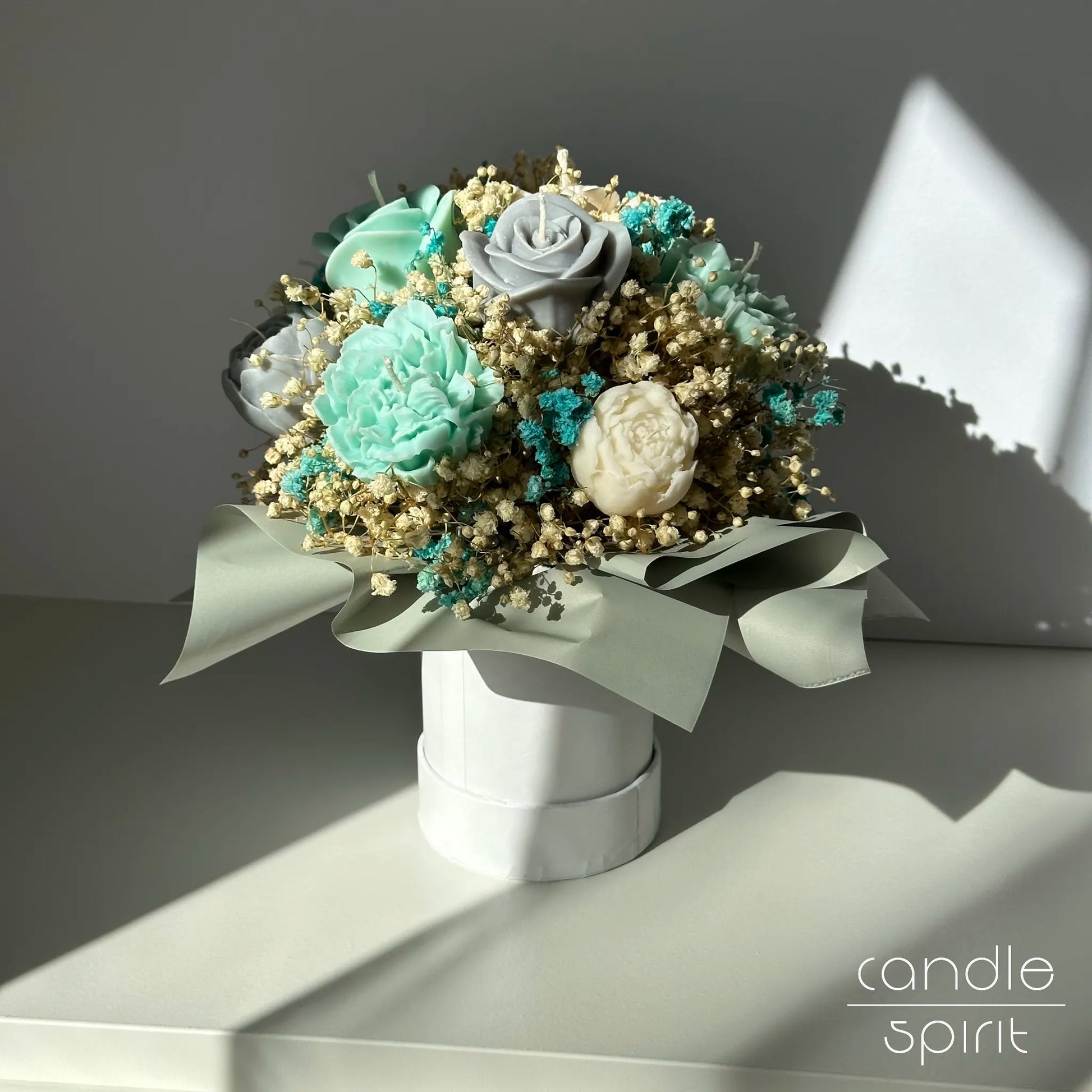 Turquoise, white, and grey flower bouquet of candles - blue wedding decor, birthday and wax anniversary gift for her.