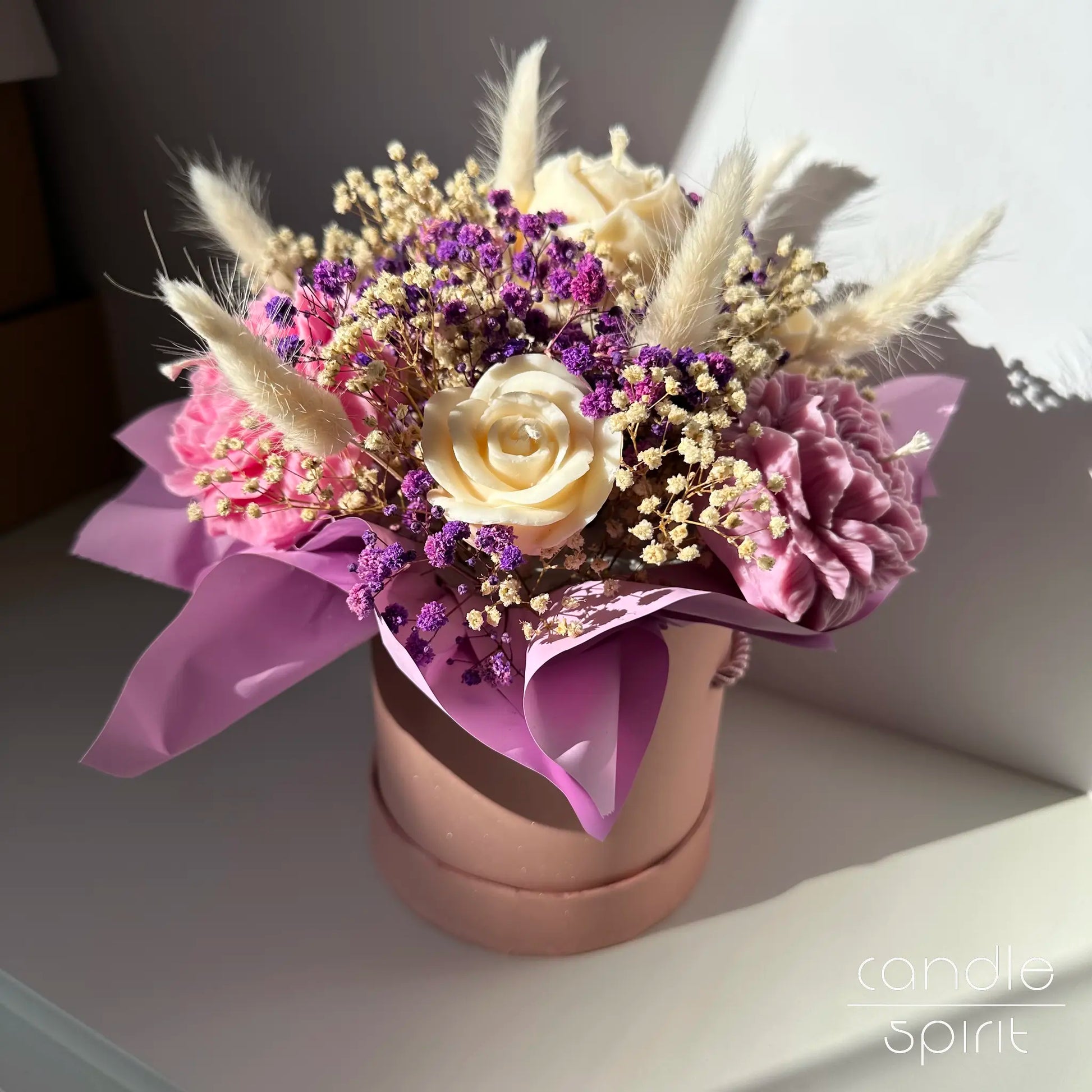 Large lavender violet bouquet of flower candles in a pink box - luxury corporate gift for employees, clients, partners. Unique Mother's Day gift for a mum, grandmother, sister, daughter.