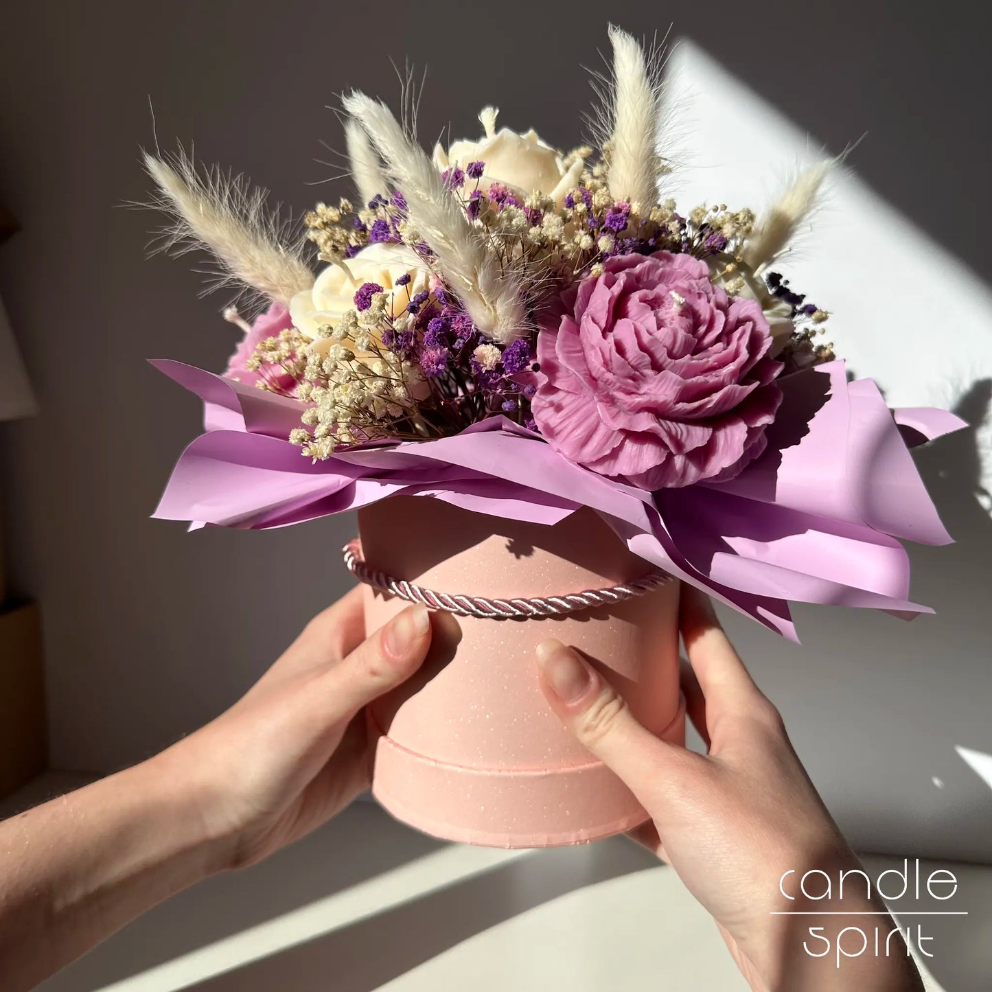 Large lavender violet bouquet of flower candles in a pink box - birthday gift, thank you graduation present for teachers and students.
