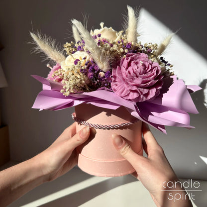 Large lavender violet bouquet of flower candles in a pink box - birthday gift, thank you graduation present for teachers and students.