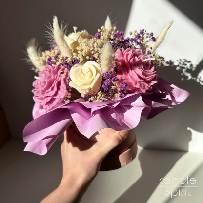 Large lavender violet bouquet of flower candles in a pink box - lasting home decor & romantic floral gift for wax anniversary, Valentine's Day.