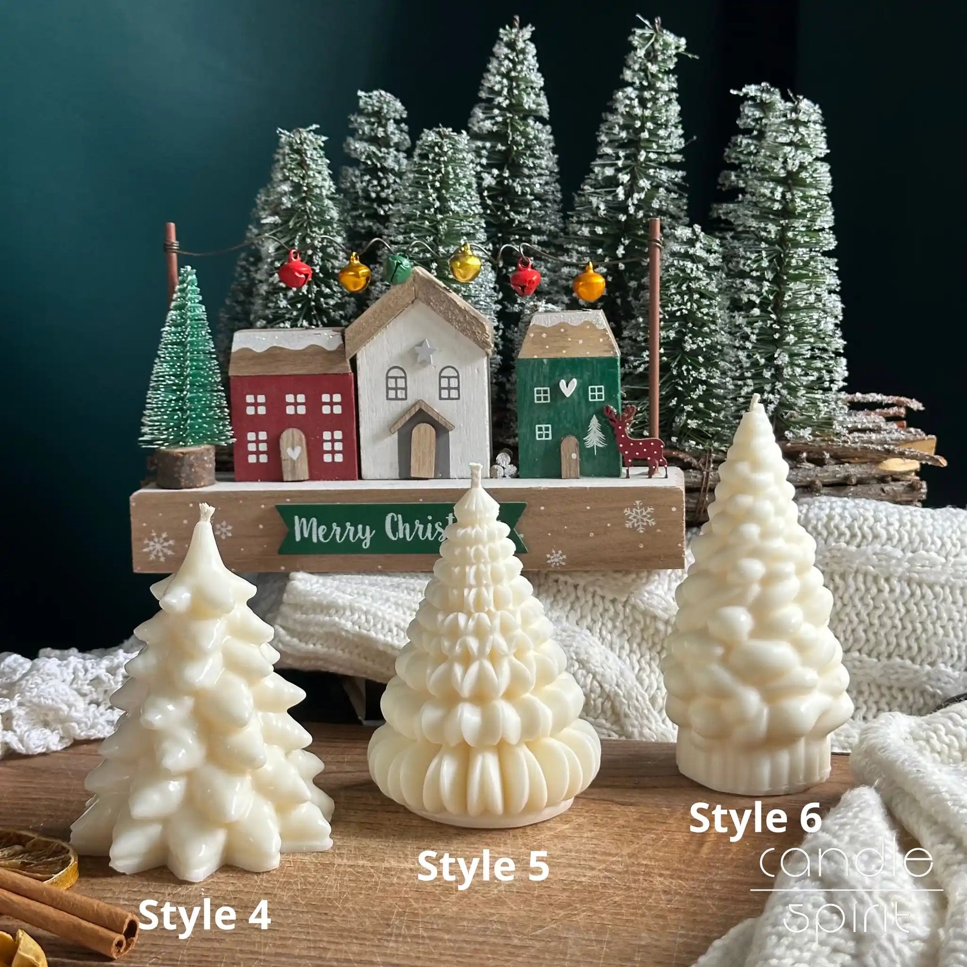 Three white Christmas tree candles - scented Christmas candles, seasonal corporate gifts for employees, clients, business partners. 