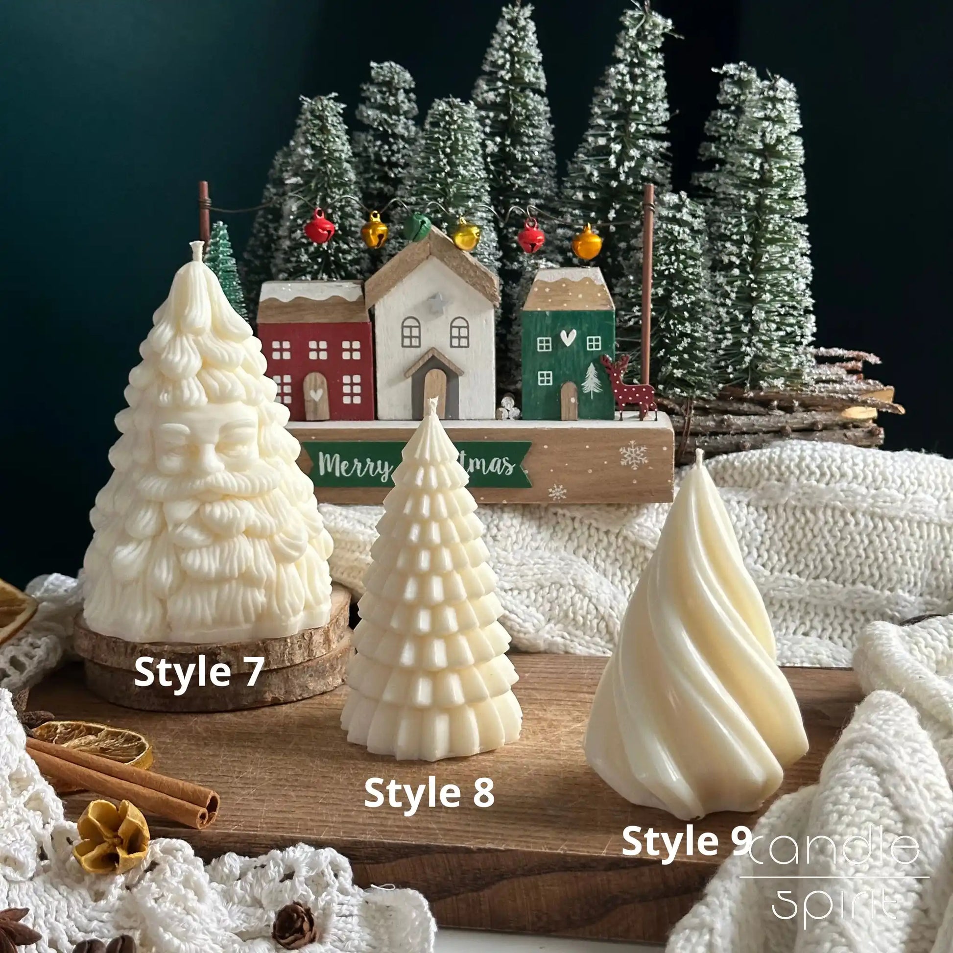 Three white Christmas tree candles - scented seasonal gifts & Christmas table, mantel, bookshelf, and office desk decorations.