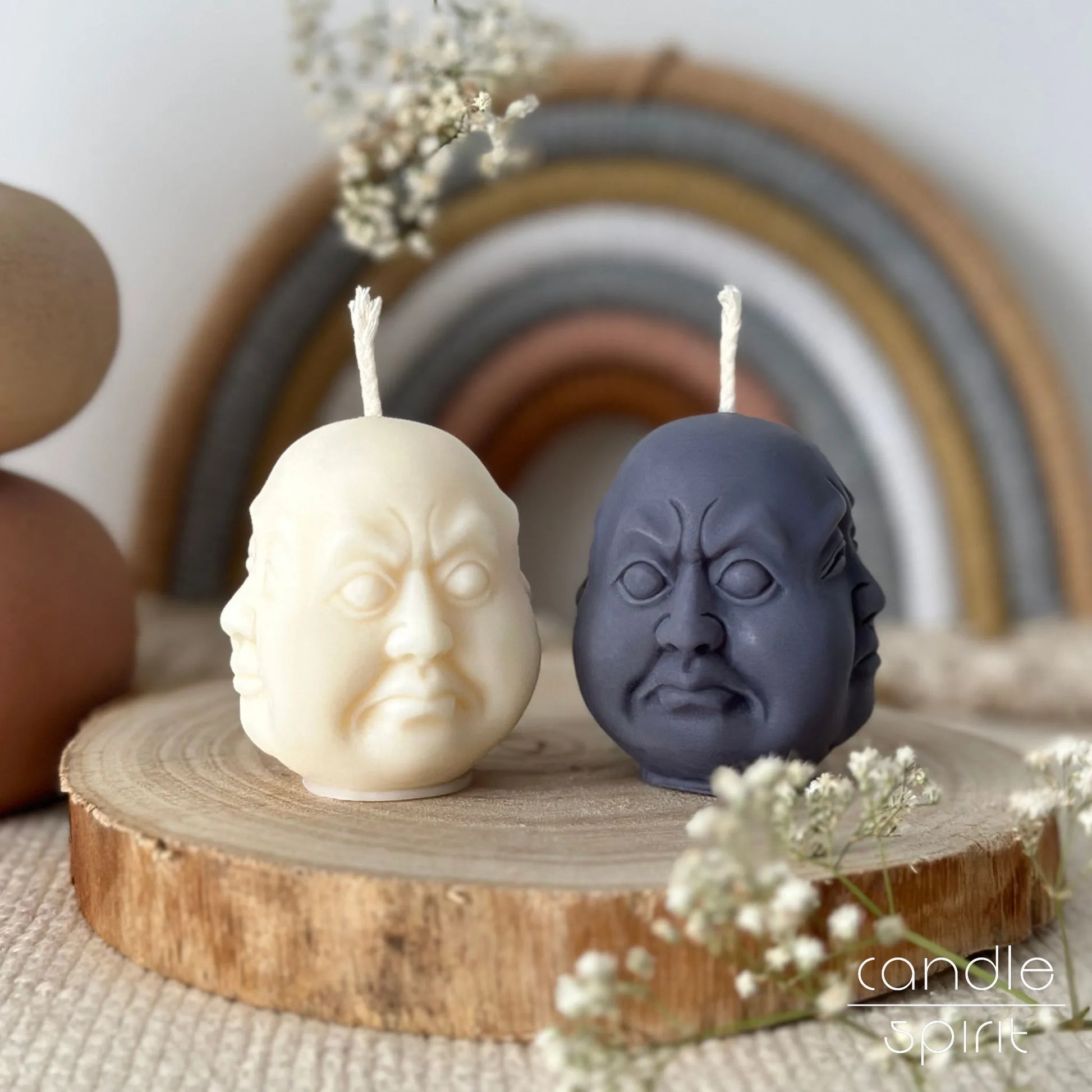 White and gray Hotei Laughing Buddha candles - spas, wellness centres, home altars, and yoga studios decor.