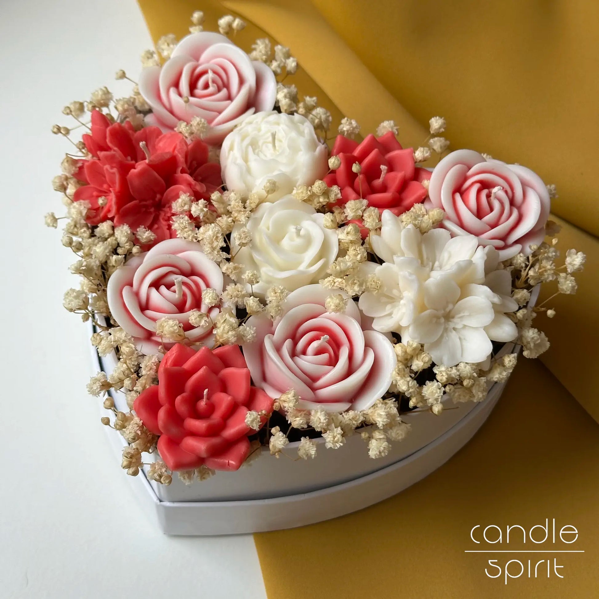 Heart-shaped flower box filled with red, white, and pink rose candles - unique birthday gift for a wife, friend, mother, grandmother, sister