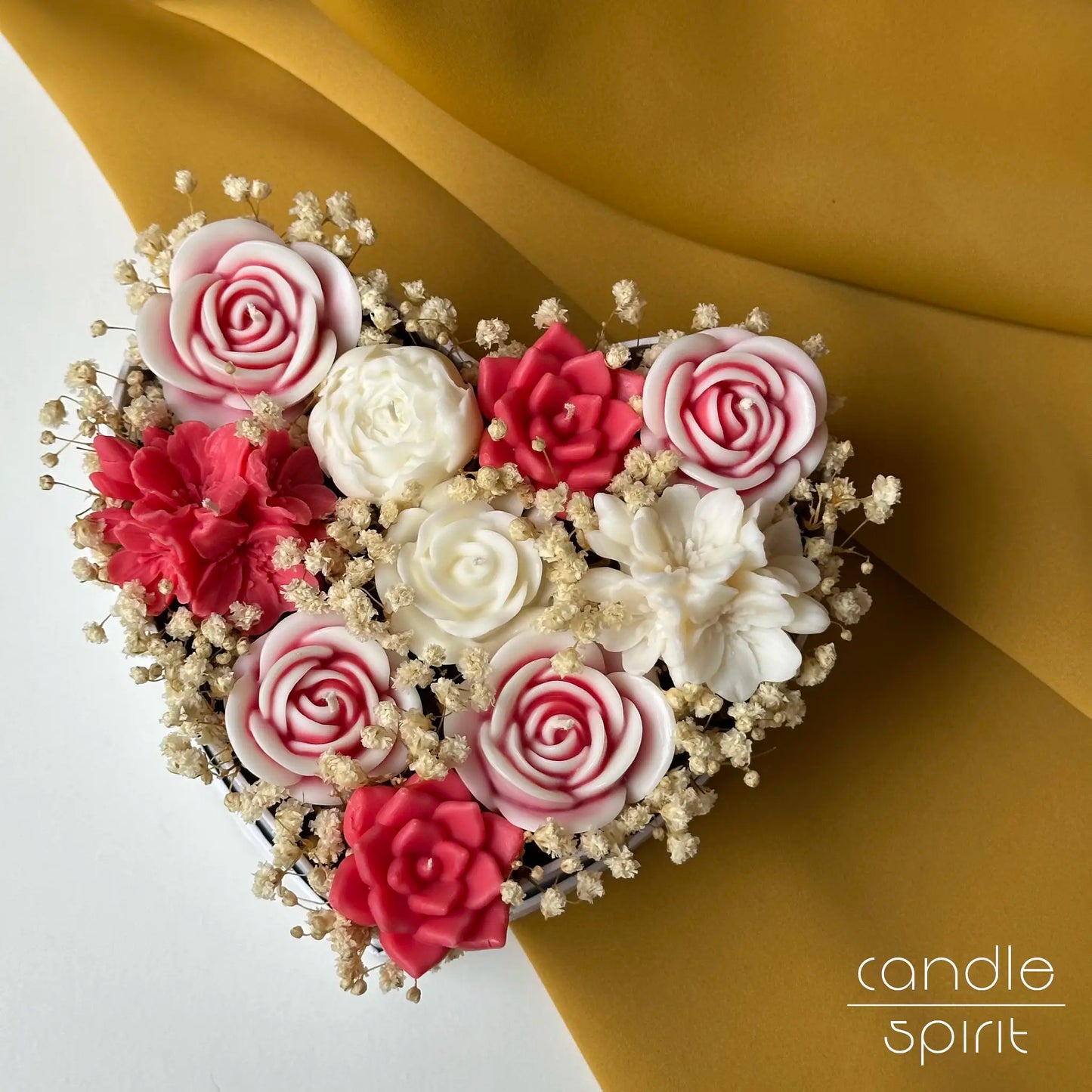 Heart candle bouquet with pink, white, and red roses - long-lasting alternative to fresh flowers. Unique wedding gift