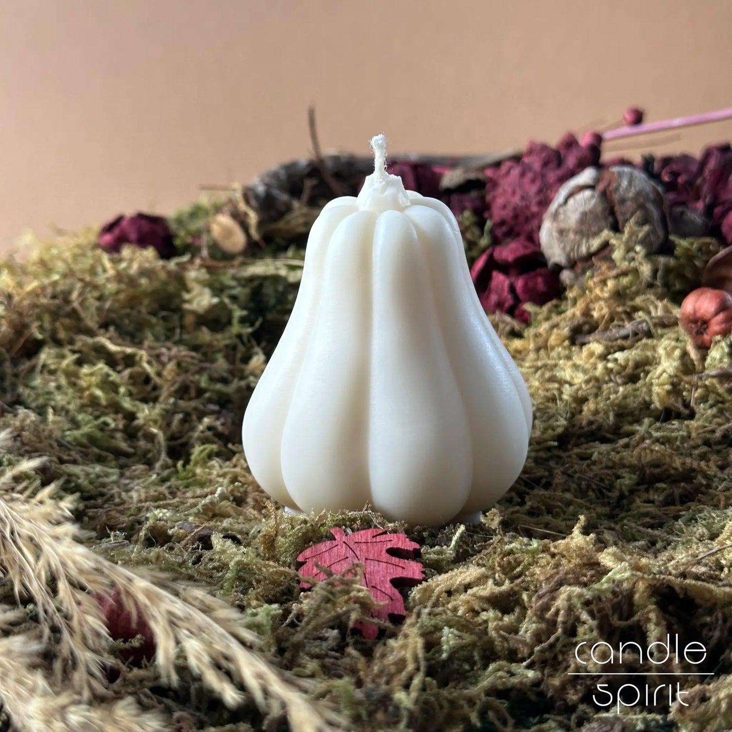 Scented white pumpkin candle on a bed of moss - cozy fall gift, seasonal home decor, cute autumn present