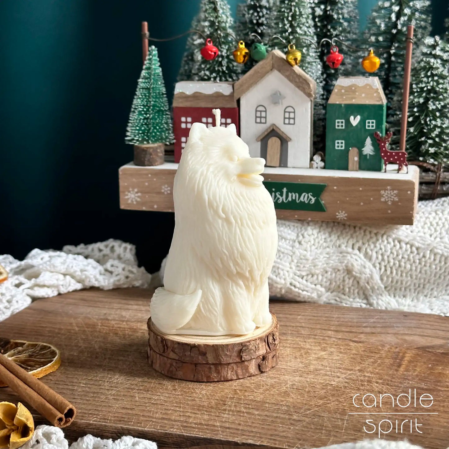 Large white spitz dog candle - Christmas gift for dog dads, dog moms, kids, and pet owners. 